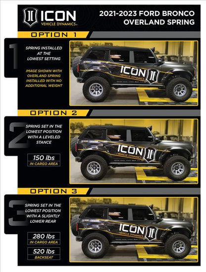 ICON 21-23 BRONCO NON-SASQUATCH 3-4" LIFT STAGE 8 SUSPENSION SYSTEM, TUBULAR UCA, HEAVY RATE REAR SPRING